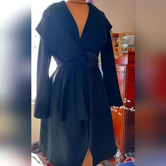 ALFANI Wool Blend Wrap Coat Hooded Black  Size S/M Like New - Picture 2 of 12